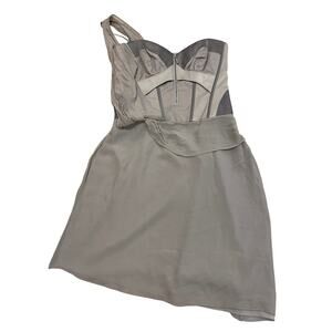 Karen Millen UK 10 / US 6 Gray Silk Corset Dress | Mesh Panels, Silver Cocktail
